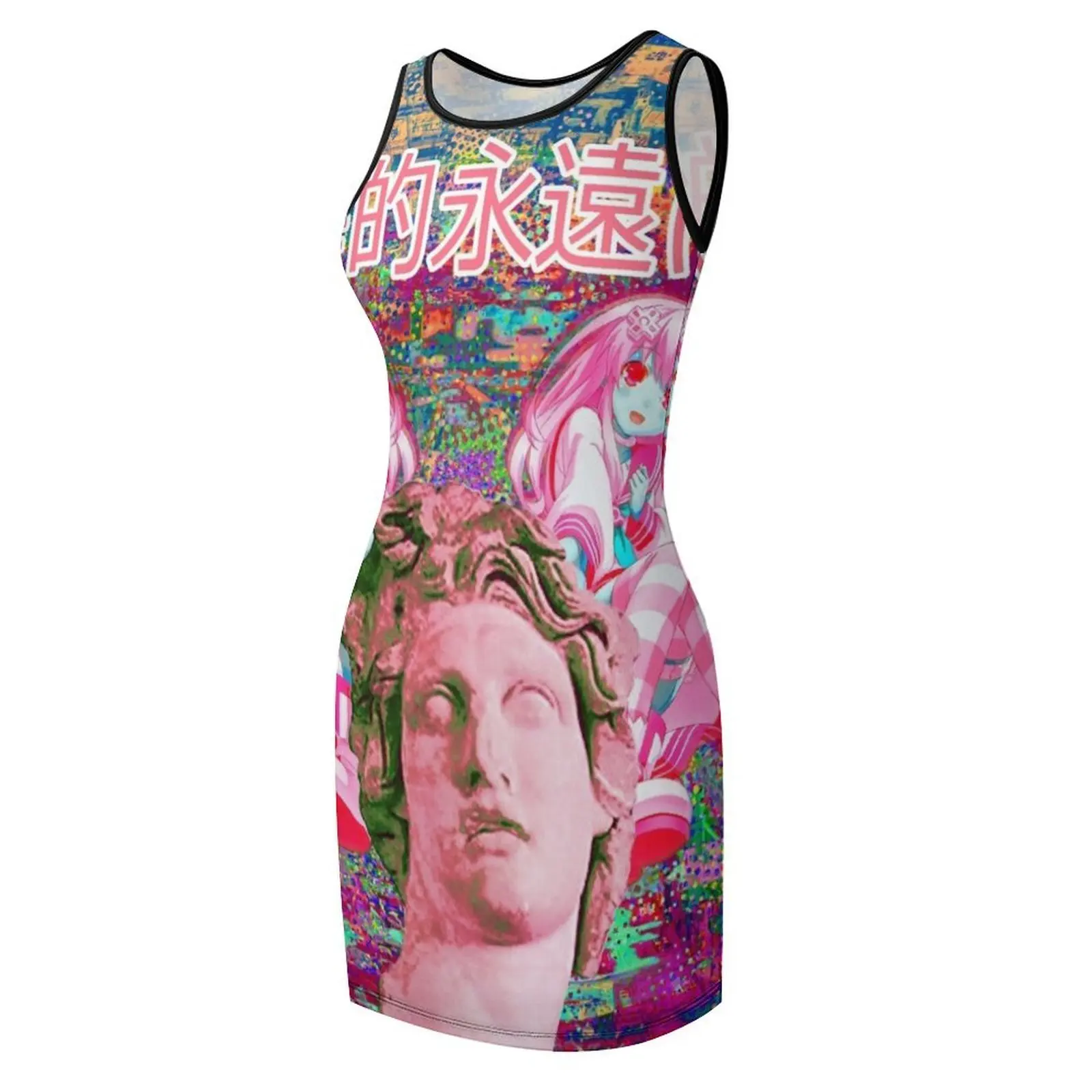Sukienka letnia bez rękawów w stylu vaporwave, sukienki damskie, sukienka damska, sukienka letnia, sukienka vintage damska, sukienki na formalne okazje.