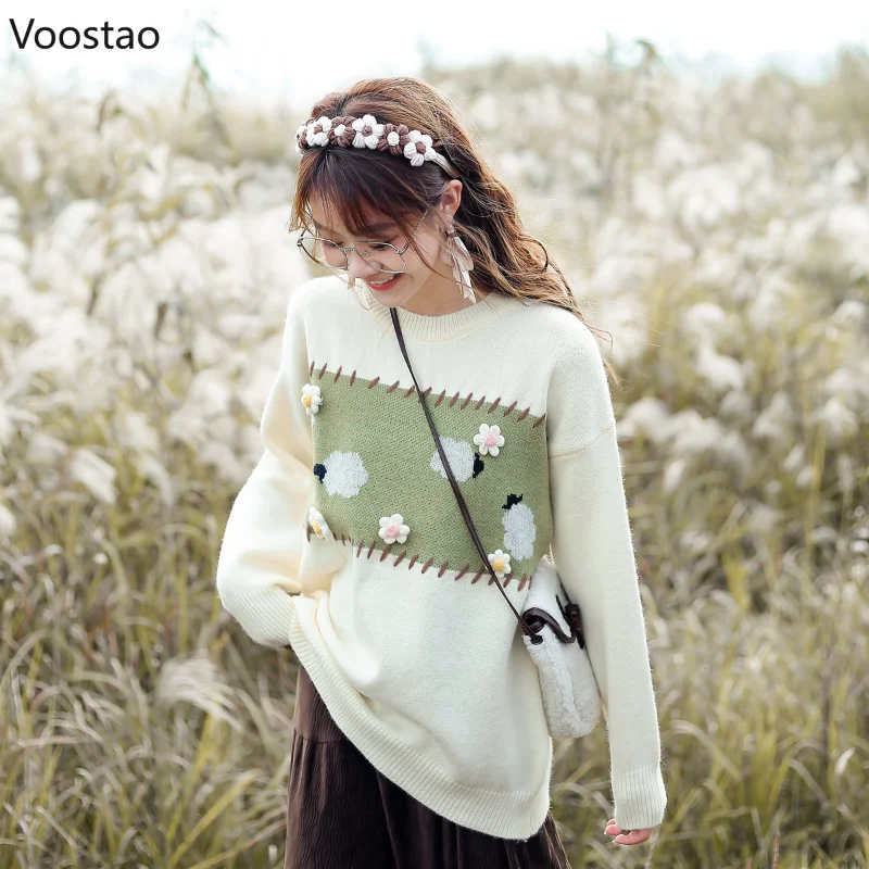 Spring Autumn Sweet Women Kawaii O-Neck Cartoon Sheep Flower Jacquard Sweater Girly Harajuku Cute Loose Knitted Pullover Tops