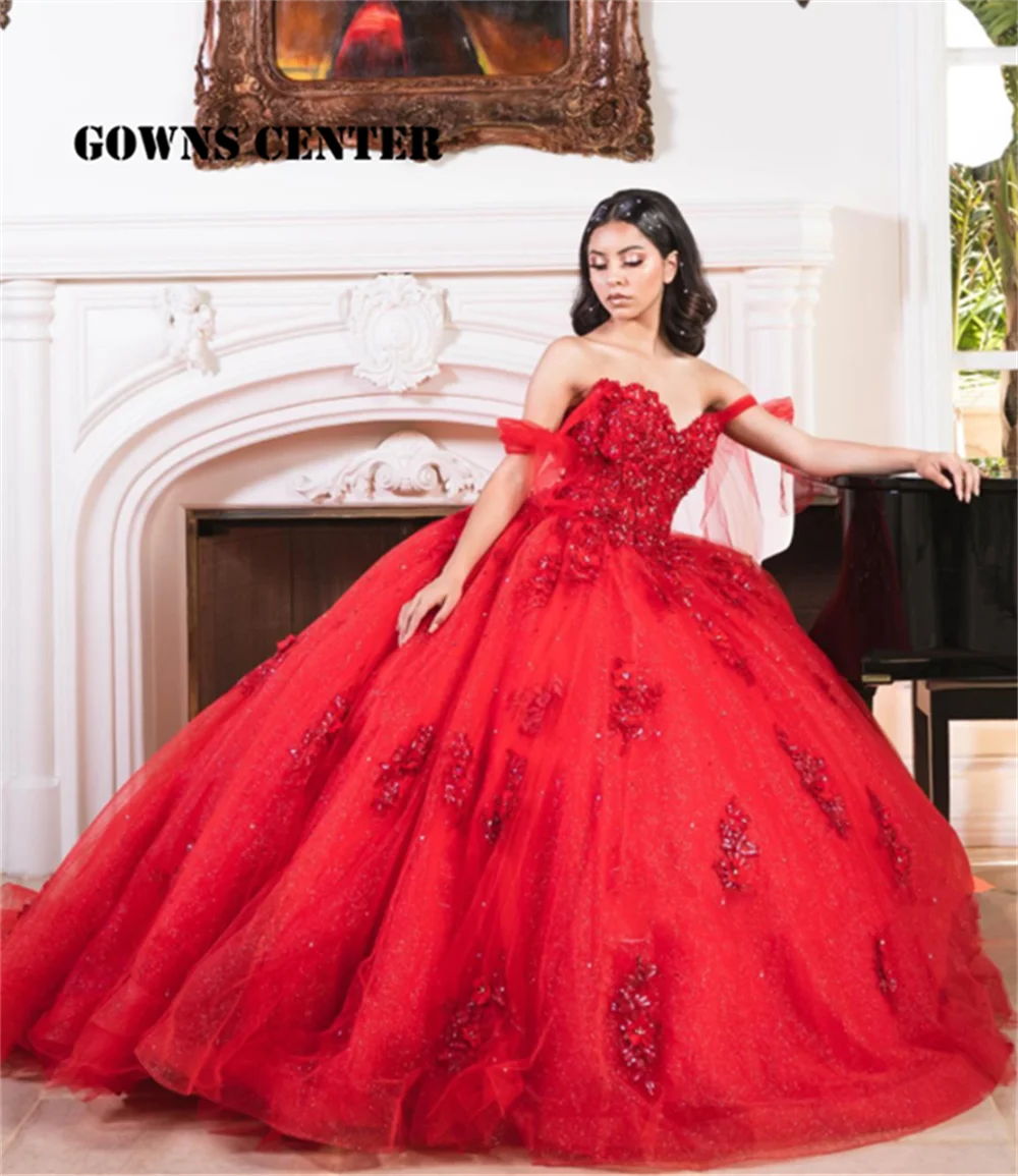 Tulle Red Ball Gown Quinceanera Dresses Formal Prom Graduation Gowns Lace Up Princess sweet 15 16 dress vestidos de 15 años