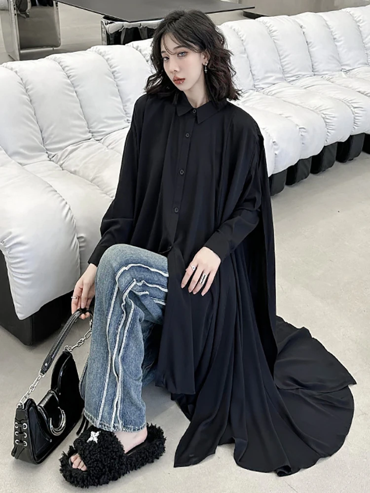 [EAM] Women Black Big Size Irregualr Shirt Dress New Lapel Long Sleeve Loose Fit Fashion Tide Spring Autumn 2024 1DH4289