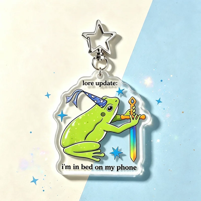 Lore Update I'm In Bed On My Phone Wizard Frog Acrylic Keychain Funny Meme Relatable Bag Charm Friend Gift