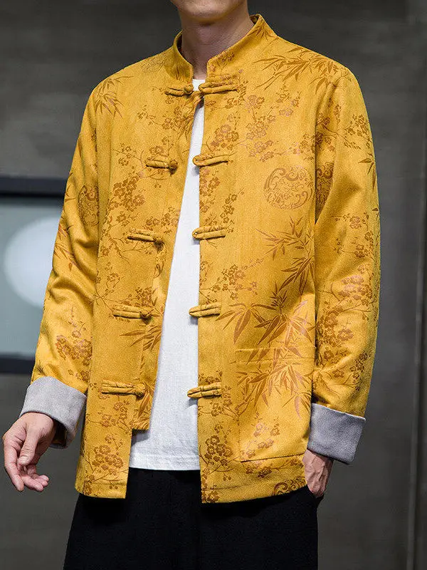 

New Chinese Sle Tang Costume Jaet Men's Loose Faion Deer Skin Velvet Retro Performance Hanfu Button Printed Coat