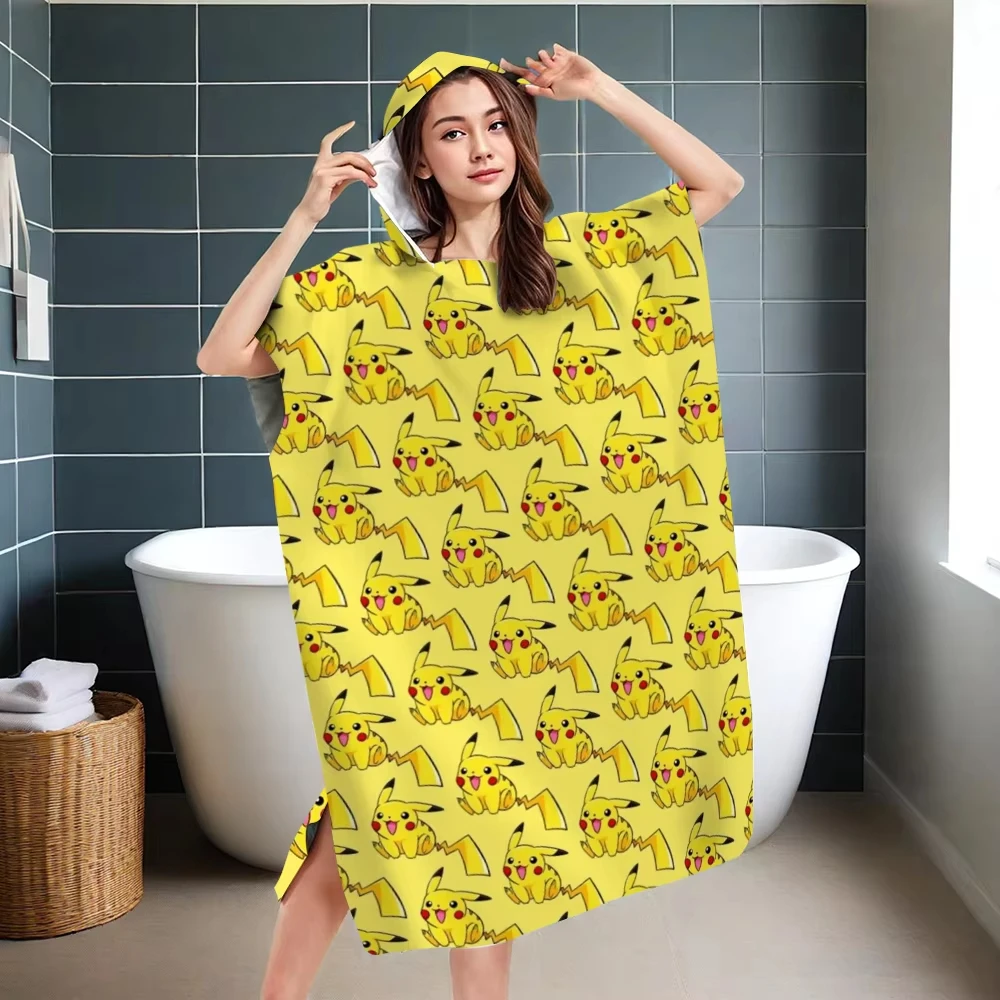 Potdemiel Pikachu Strandtuch mit Kapuze, flacher Druck, Pokemon, gelb, Mikrofaser, weicher Poncho, Bademantel, schnell trocknend, für Kinder und Erwachsene