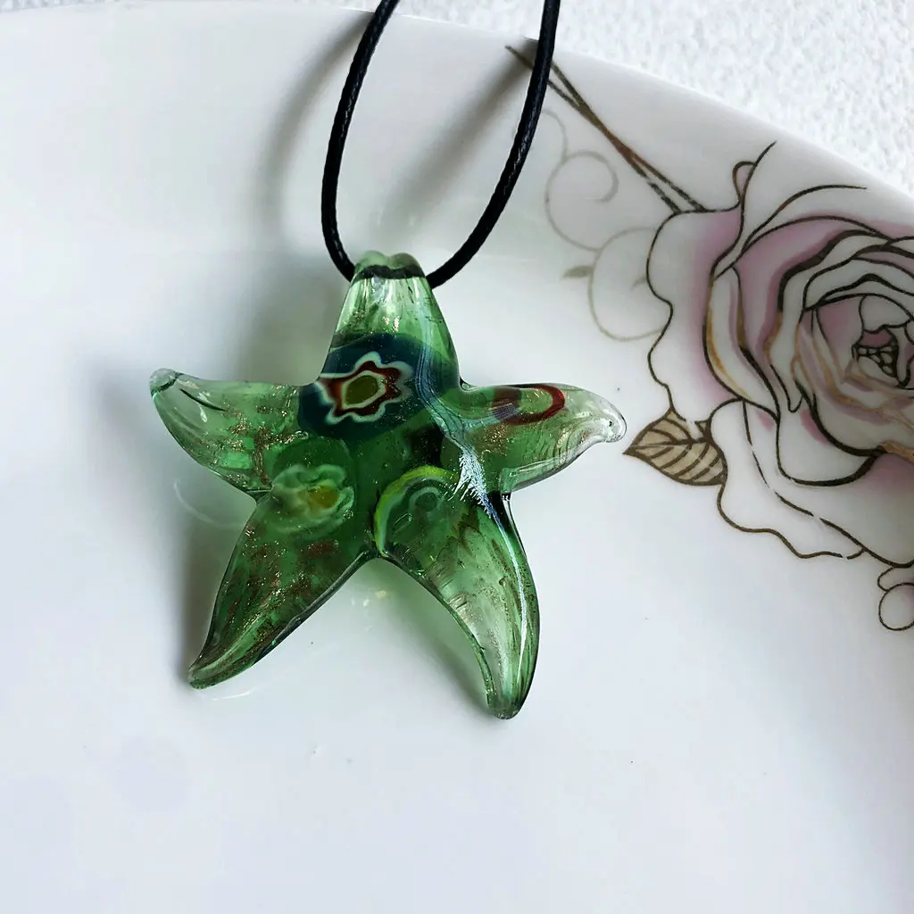 2pcs Creative Ocean Style Green Starfish Inner Flower Glass Pendant Necklace Fashion Women's Jewelry