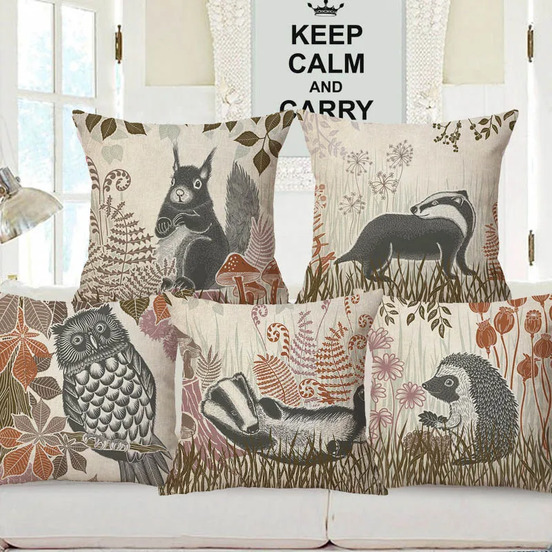 European Country Badger Hedgehog Hare Fox Animals Painting Cushion Covers Pillow Case For Sofa