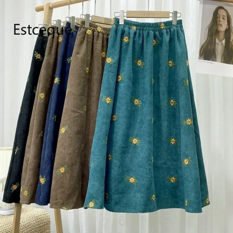 testCorduroy Embroidery Women Skirts Autumn Winter New Arrival Floral Skirts Female High Waist Slimming Mid-calf Skirt for Women