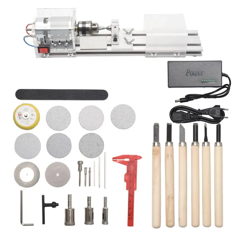 

N96R Mini Lathe Machine DIY Woodworking Wood Lathe Milling Machine Grinding Polishing Beads Drill Rotary Tool Set EU Plug