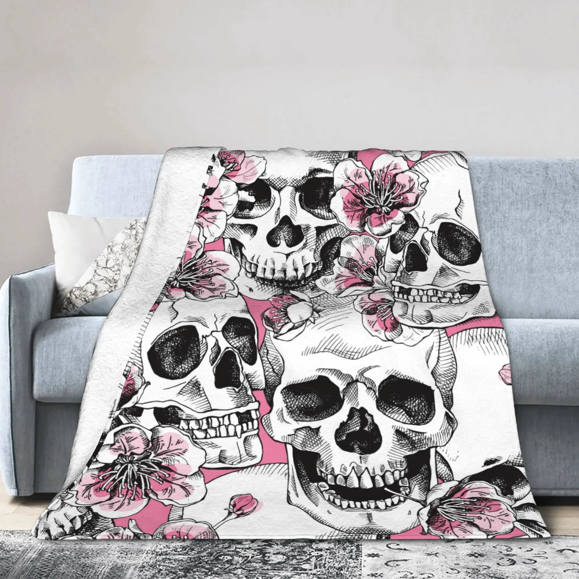 Floral Skull Fleece Blanket Pink Cherry Funny Throw Blanket for  Sofa Bedding Lounge 125*100cm Bedspreads