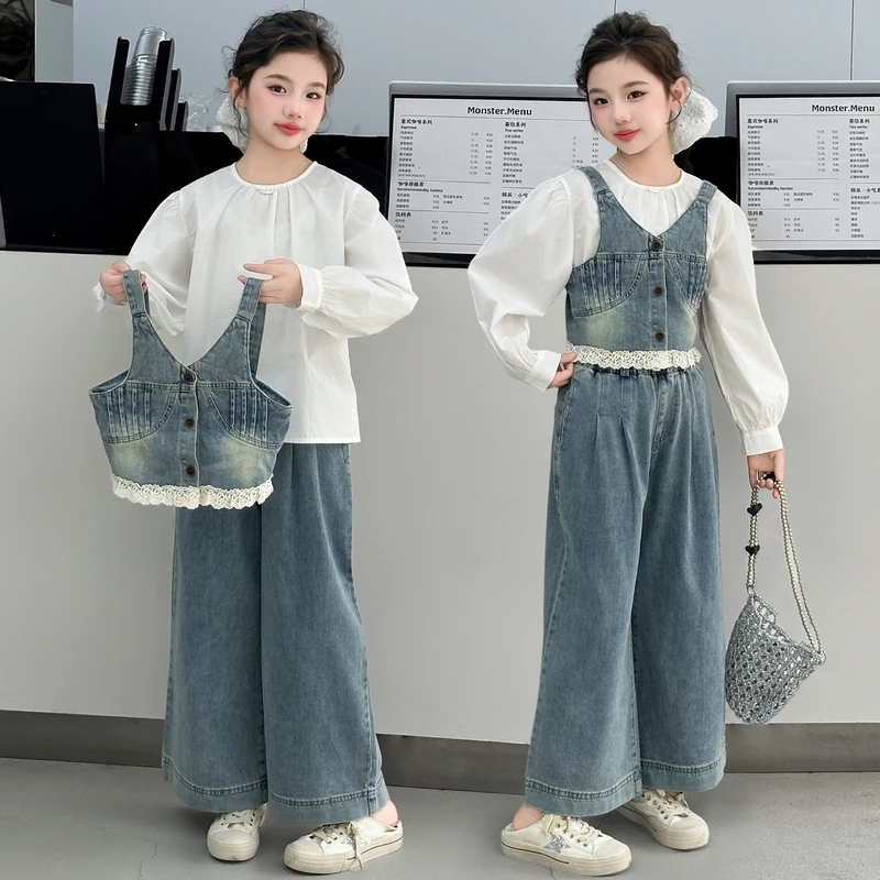 spring teen girl Lace denim 3 piece clothes set Design denim vest+white shirt+Wide leg jeans junior kids suit child outfits 4-14