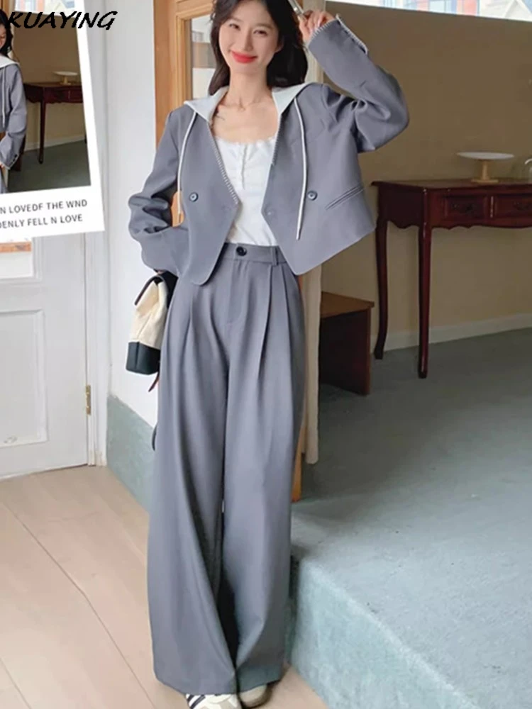 Autumn Casual Blazer Pantsuits Detachable Hooded Jackets Wide Leg Pants Business Work Wear Two-pieces Set Female Formal Clothes