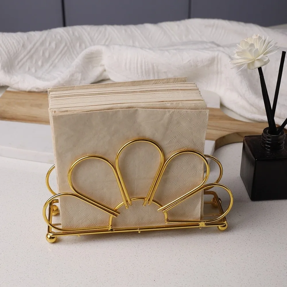 Durable Metal Napkin Holder Decorative Elegant Tabletop Tissue Rack Gold Flower Tissue Dispenser for Kitchen Dining Table