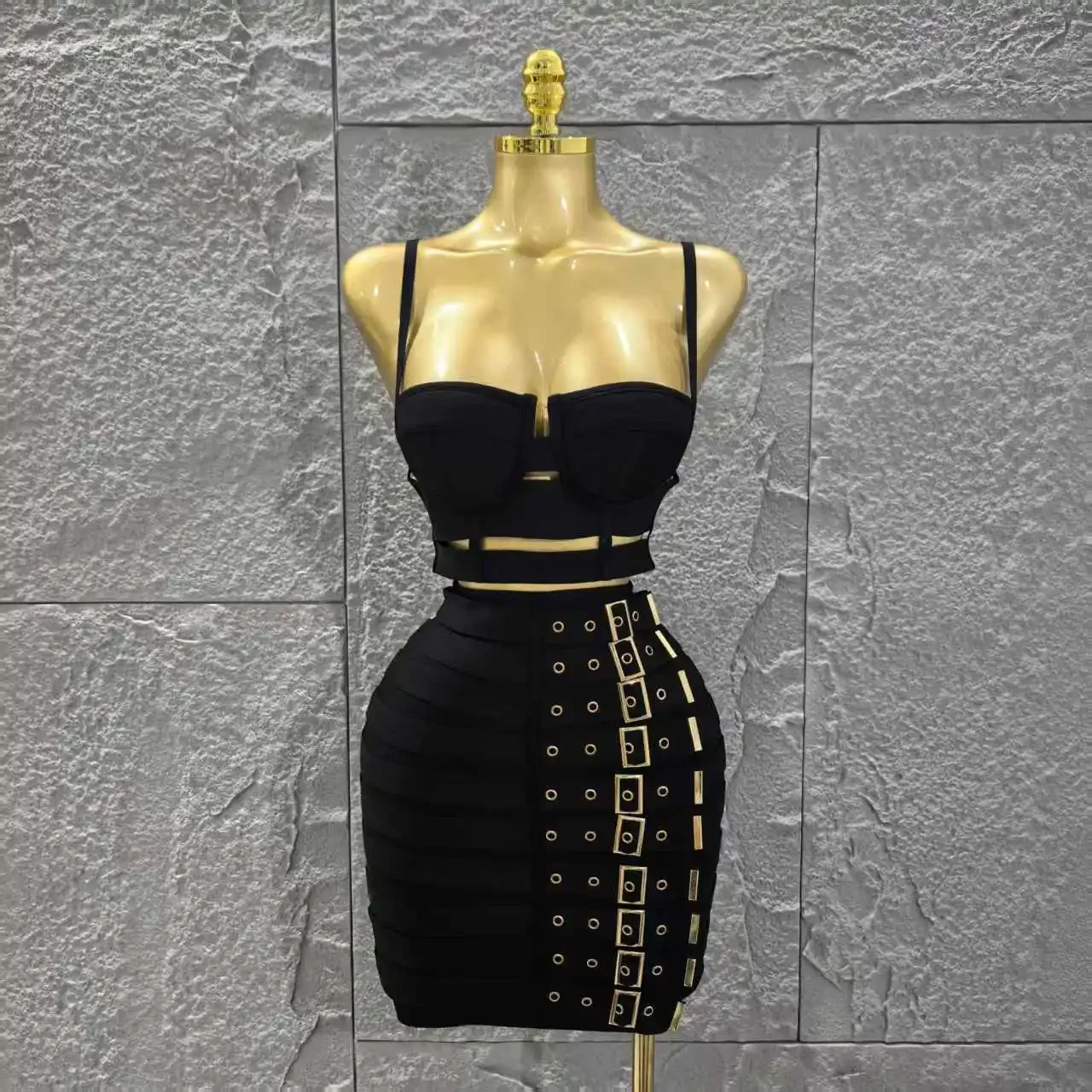 

Black Color Women Sleeveless Sexy Strap 2 Pieces Bodycon Mini Bandage Dress Nightclub Party Birthday Fashion Outfit Vestido