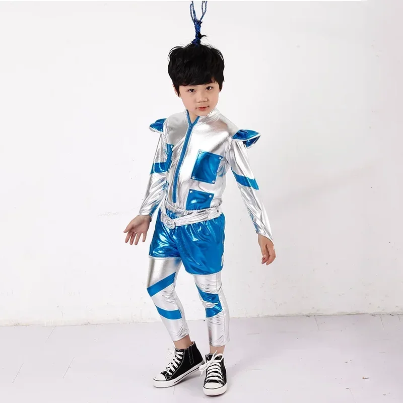 Costume de robot spatial pour enfants, bleu, argent, astronome cospaly, performance sur scène, spectacle de danse, temps, vêtements pour garçon ou fille