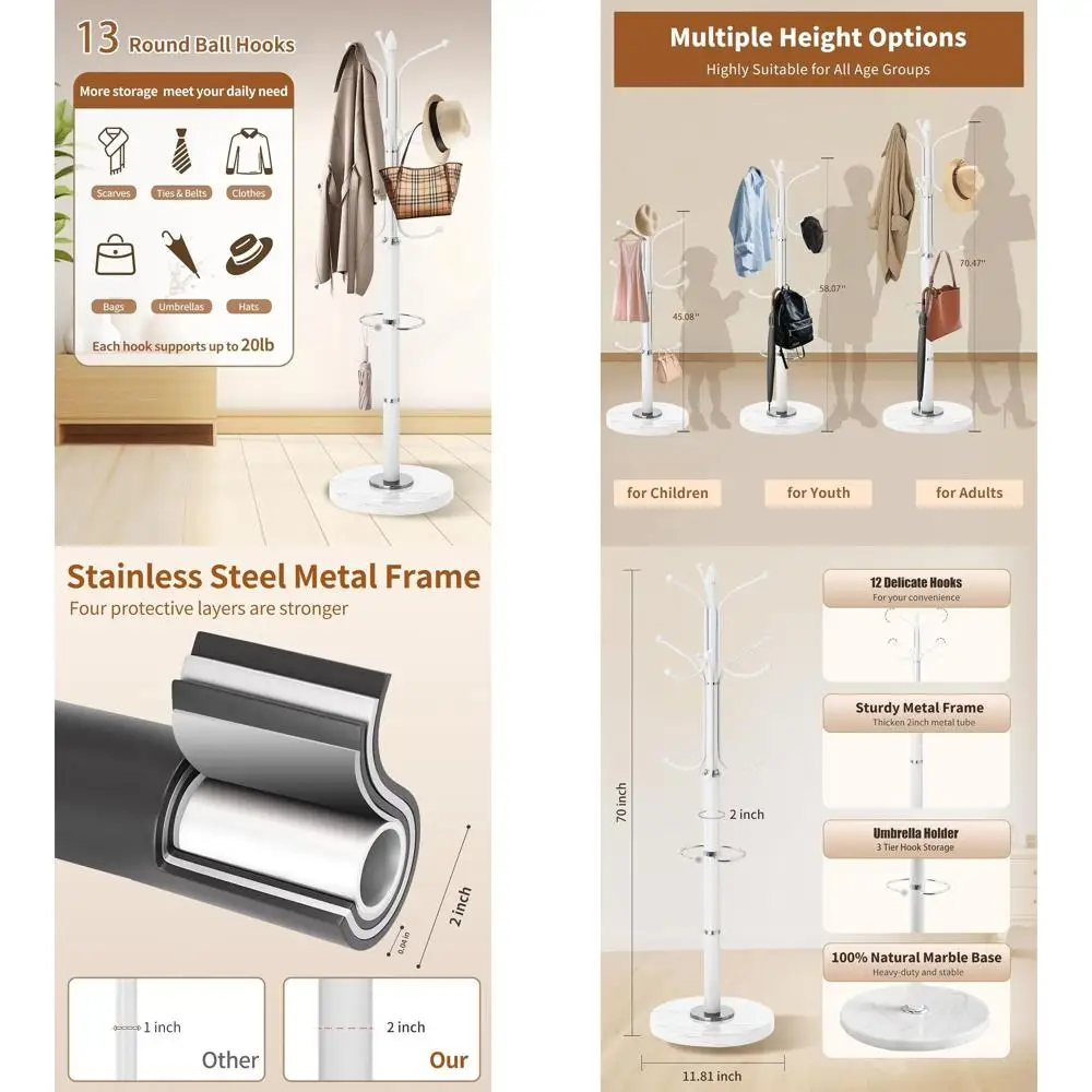 

Металлическая вешалка для одежды с основанием из натурального мрамора, 12 крючками и подставкой для зонтов, белая, современная, для прихожей