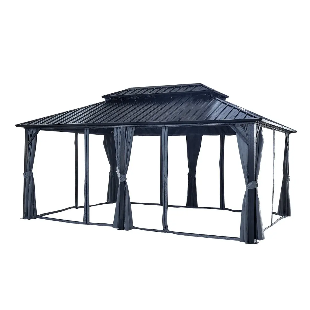 12' x 18 FT Hardtop Gazebo, Double‑Layer Roof Outdoor Patio Gazebo, Heavy‑Duty Aluminum Legs & Galvanized Steel Roof Canopy with Privacy Curtains & Netting for Backyard Lawn Garden Outdoor Events