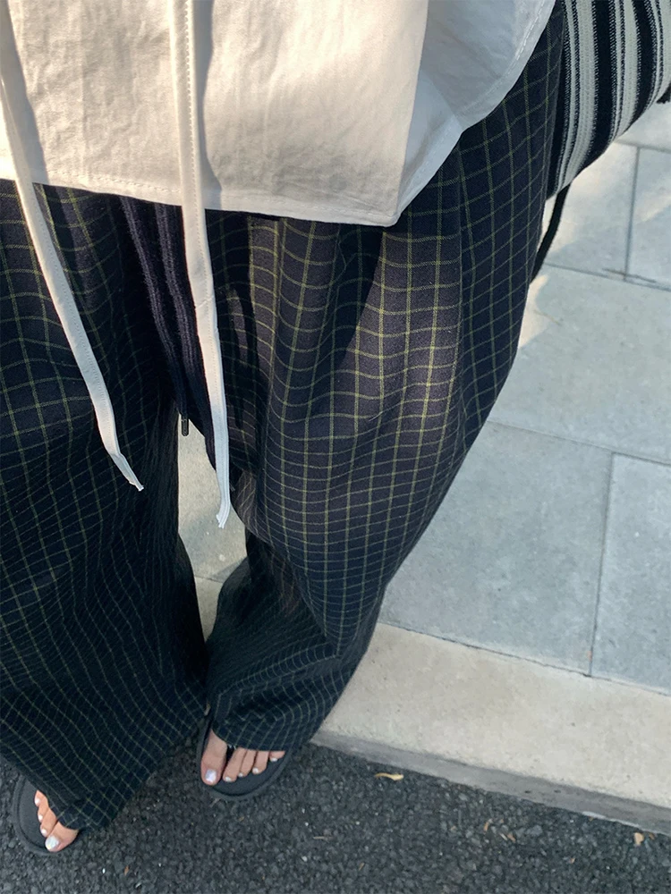 YERMORA Hoge elastische taille blauwe geruite trekkoord wijde pijpen broek voor vrouwen losse pasvorm nieuwe broek mode tij lente herfst 20