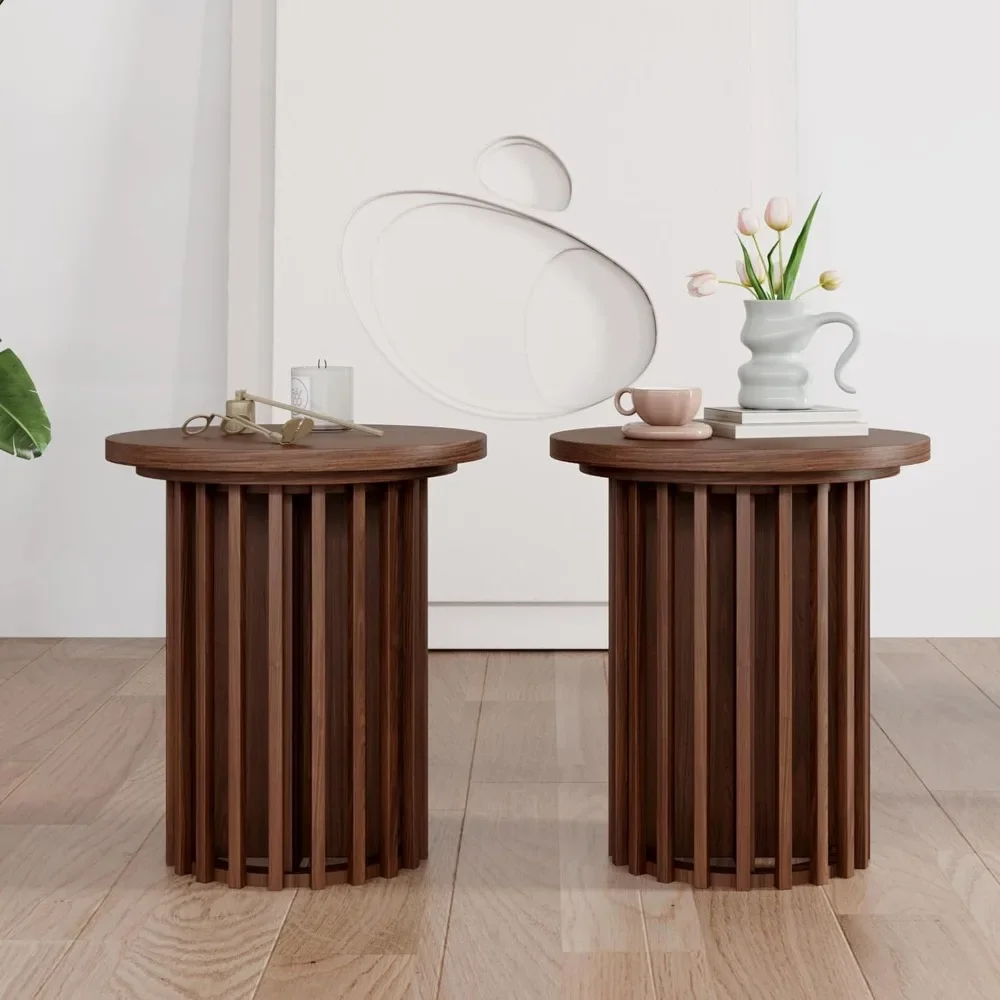 

Small Round Side Table Living with Fluted Base, Versatile Wood Side Table as Coffee Table