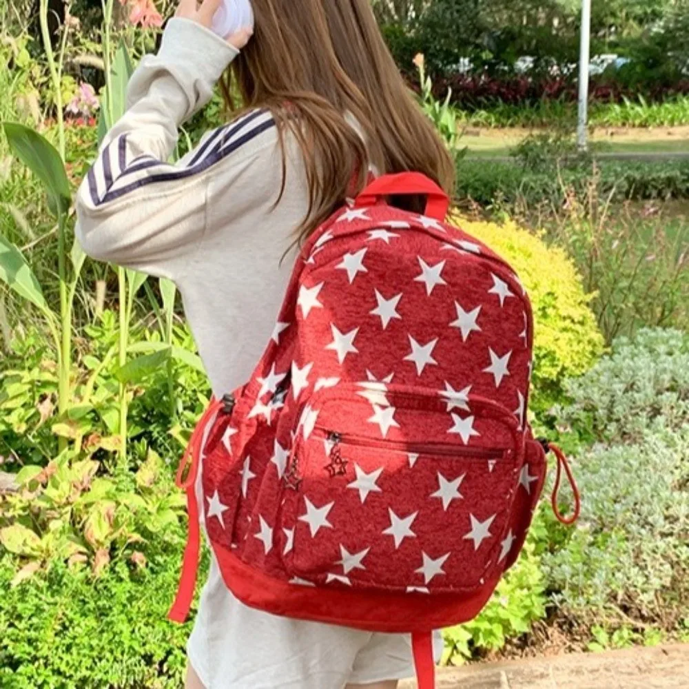 Korean Style Grey Stripes Backpack Multi-pocket Adjustable Straps Star Printing Backpack Lightweight Commuting