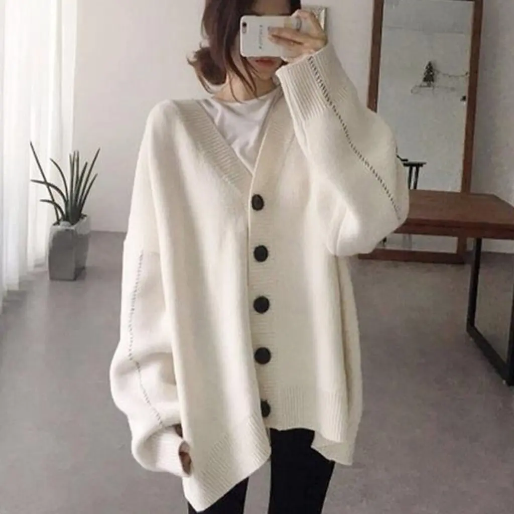 

Women's plus Size V-neck Cardigan Sweater Multi-color Japanese Style Loose Fit Mid-length Autumn Winter Laid-back Coat