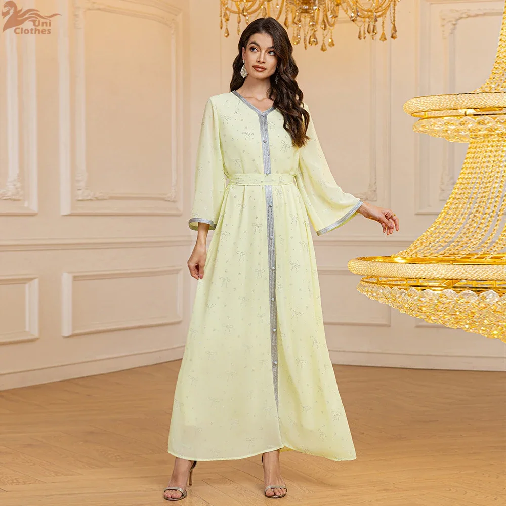 

Chiffon Abayas for Women Muslim Dubai Evening Dresses with Belt Diamond Jalabia Femme Kaftan Turkey Islam Muslim Dress Caftan