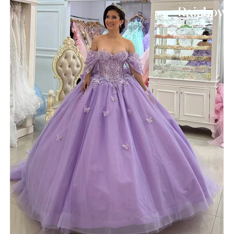 

High Quality Quinceneara Dress Embroidered Lace On Net With Sequins Princess Ballgown Off The Shoulder Customized Birthday Party