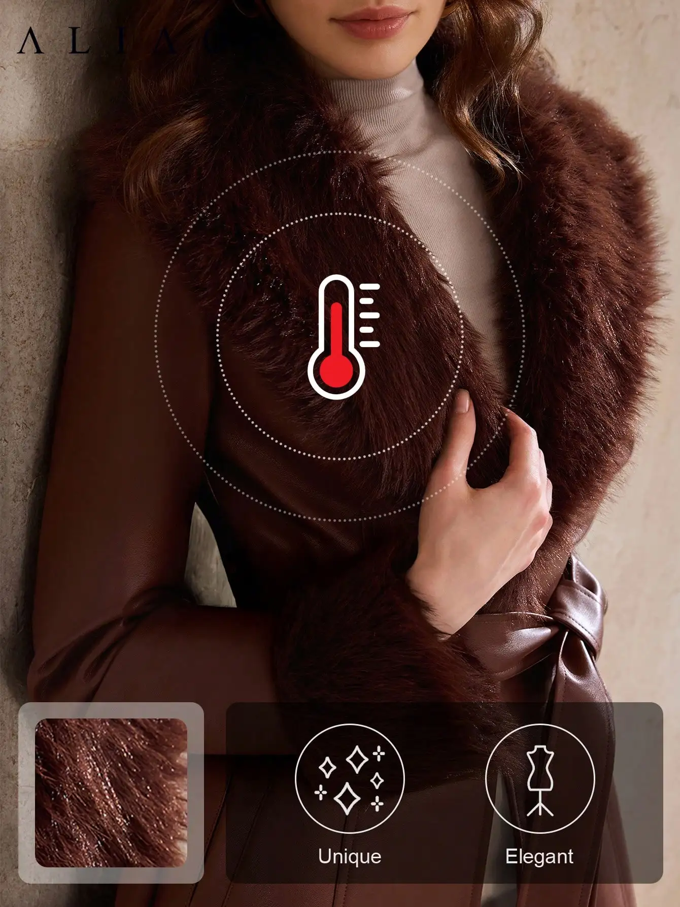 Brown Faux Fur Collar Spliced Leather Coat for Women, Winter Warm Elegant Jacket