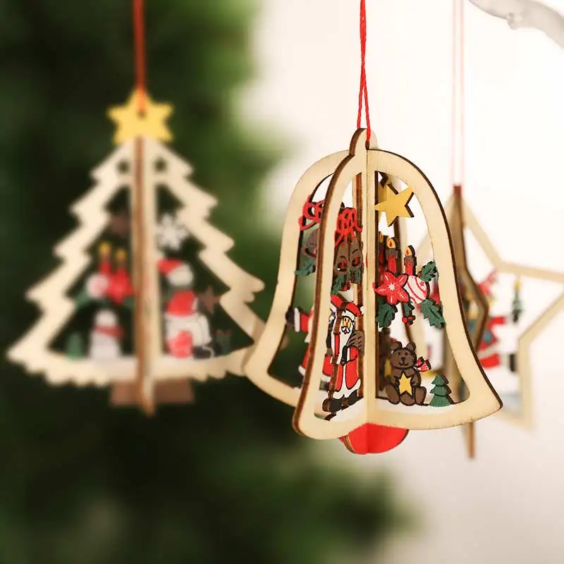1PC Christmas Wooden Pendants 3D Star Bell Xmas Tree Hanging Ornaments For Home Christmas Decoration New Year Navidad Kids Gifts
