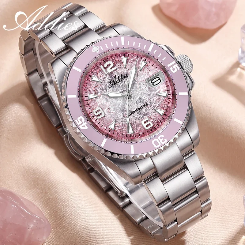 ADDIES Quartz Women Watch 36mm Stainless Steel Ceramic Bezel 5Bar Waterproof Fashion Ladies Wristwatch Business Watch Luminous