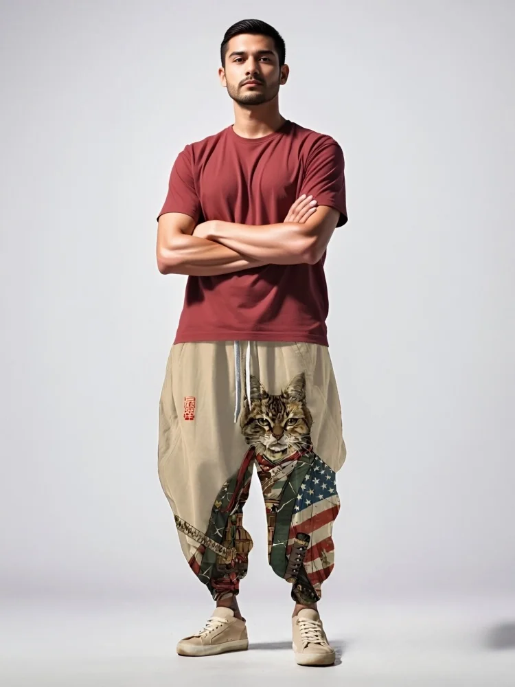 

Новые мужские спортивные штаны для молодых и американцев, повседневные штаны в стиле японского искусства в стиле ретро с флагом кота и самурая, спортивные штаны для бега на шнурке