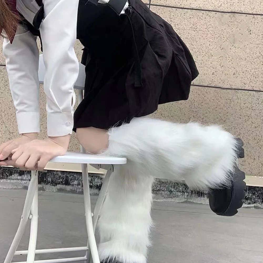 Japanese White Faux Fur Leg Warmers Boot Covers Y2K Goth Solid Leg Socks Punk Jk Knee-length Hiphop Hotgirl Fashion Warm Sock