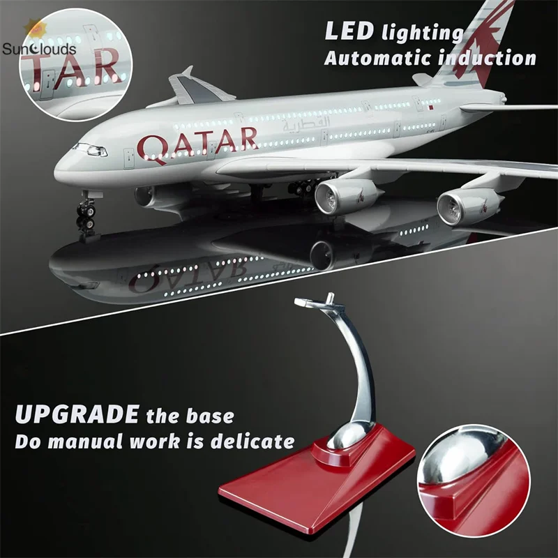 1:160 Scale Large Model Airplane Qatar A380 Plane Models Diecast Airplanes with LED Light for Collection or Gift