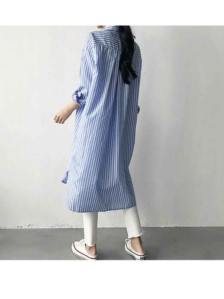 JMPRS Fashion Mid-length Striped Shirt Skirt Women Spring Casual Button Up Long blouse Female Korean Lazy Style  Blusas Mujer