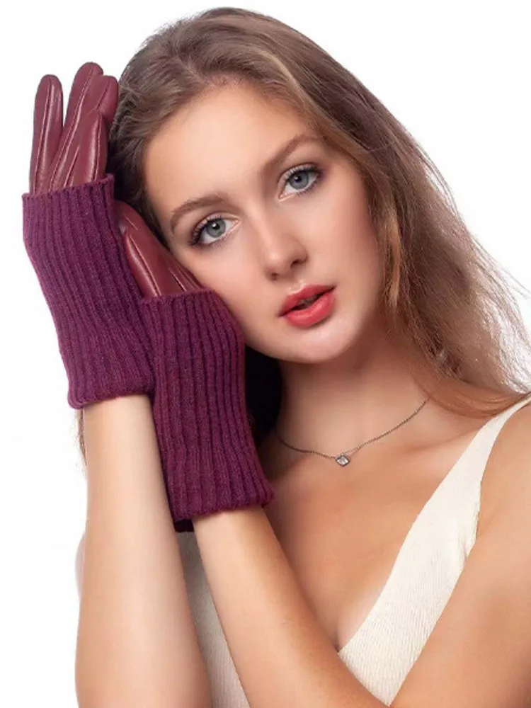 Winter Women Designer Real Goatskin Spliced Knitted Warm Fleece Lining Gloves Outside Motorcycle Riding Gloves Windproof Mittens