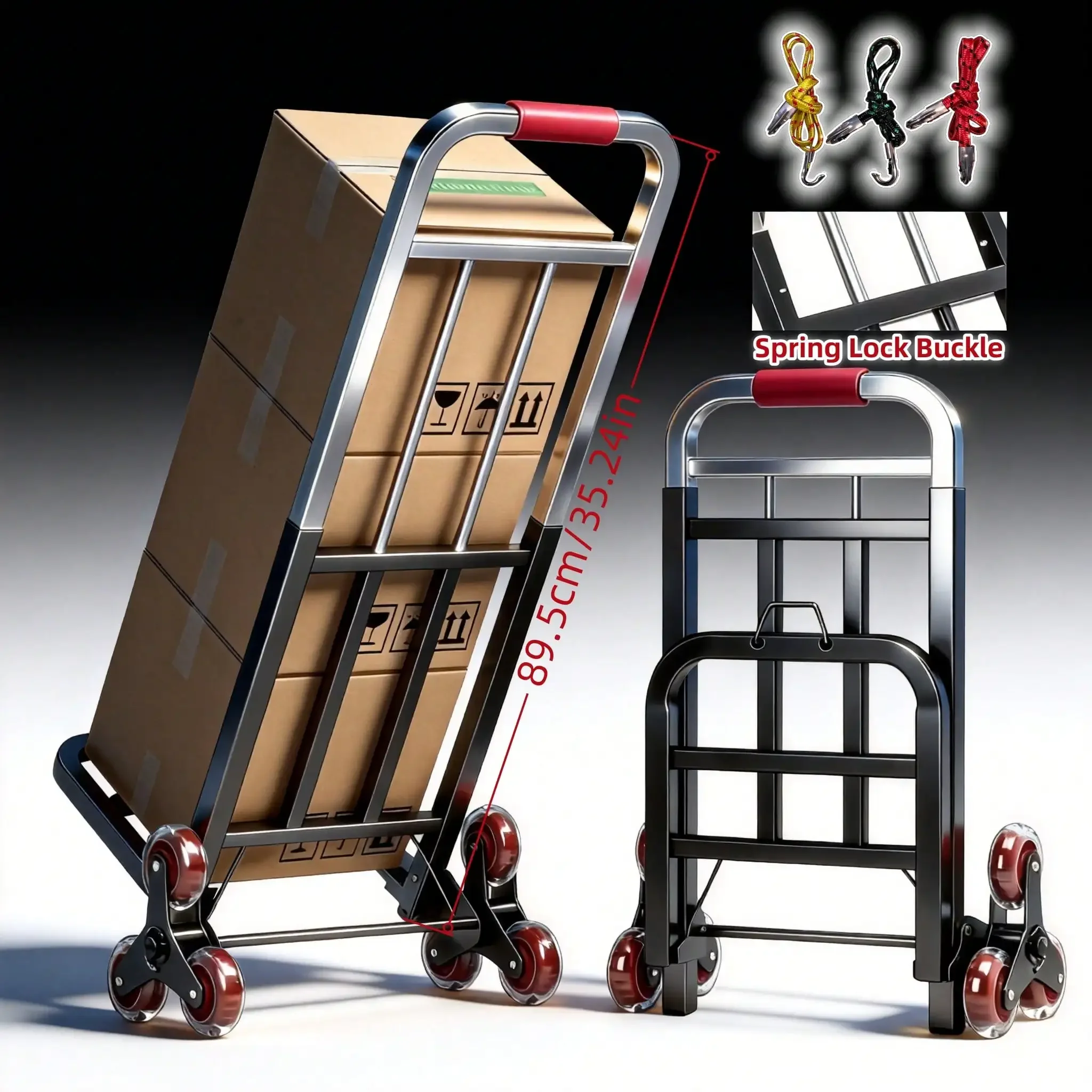 Heavy-Duty All-Terrain Folding Handcart With Adjustable Spring Locks, Stair-Climbing Wheels, And Multi-Functional Storage Rack. Suitable For Warehouse Groceries, Moving, Gardening, And Shopping. Black. Portable Material Handling Equipment.