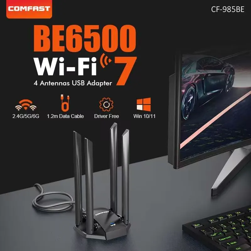 BE6500 WiFi 7 Adapter USB3.0 Tri-band WiFi7 Antenna 6452Mbps 2.4G/5.8G/6G Wi Fi Receive Driver-Free For PC Win10/11 CF-987BE