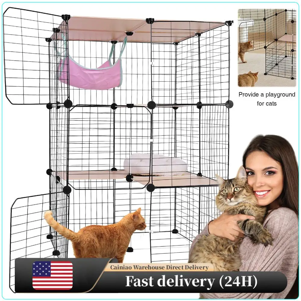 

3 Tiers Detachable Cat Cage & Hammock and Bed Indoor Cat Enclosures Cat Wire Kennel Crate Large Exercise Place Ideal for 1-3Cats