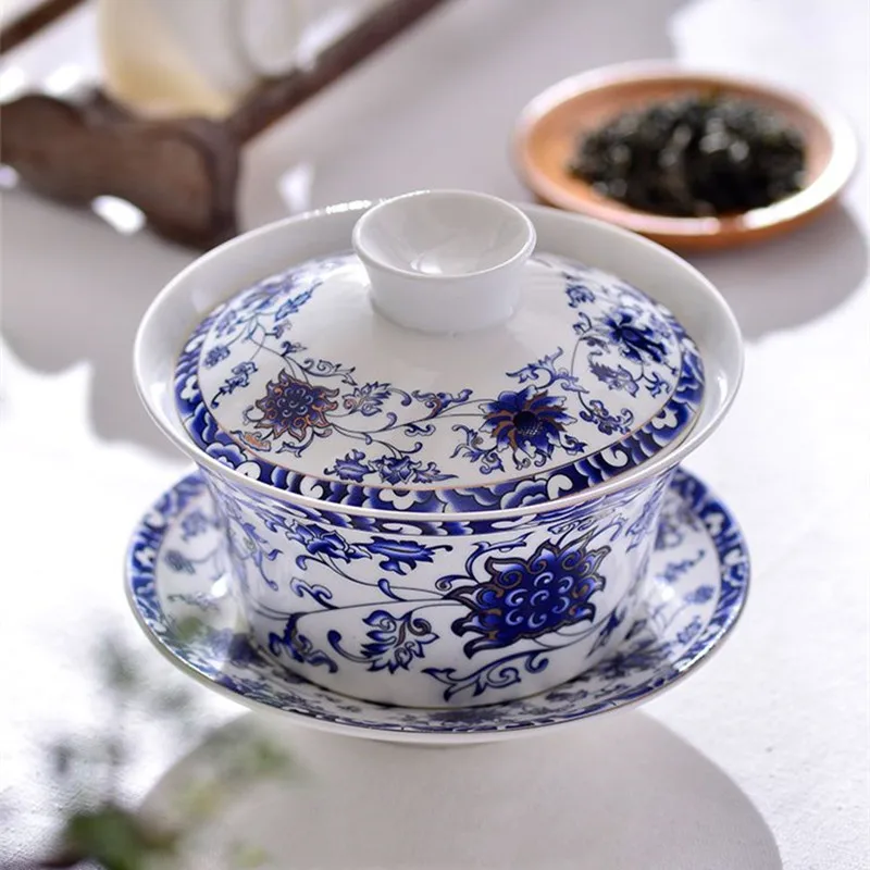 

Ceramic Tea Tureen, Sancai Gaiwan, Cup, Chinese Retro Teaware, Jingdezhen Blue and White Porcelain, Eight Treasures Tea Bowl