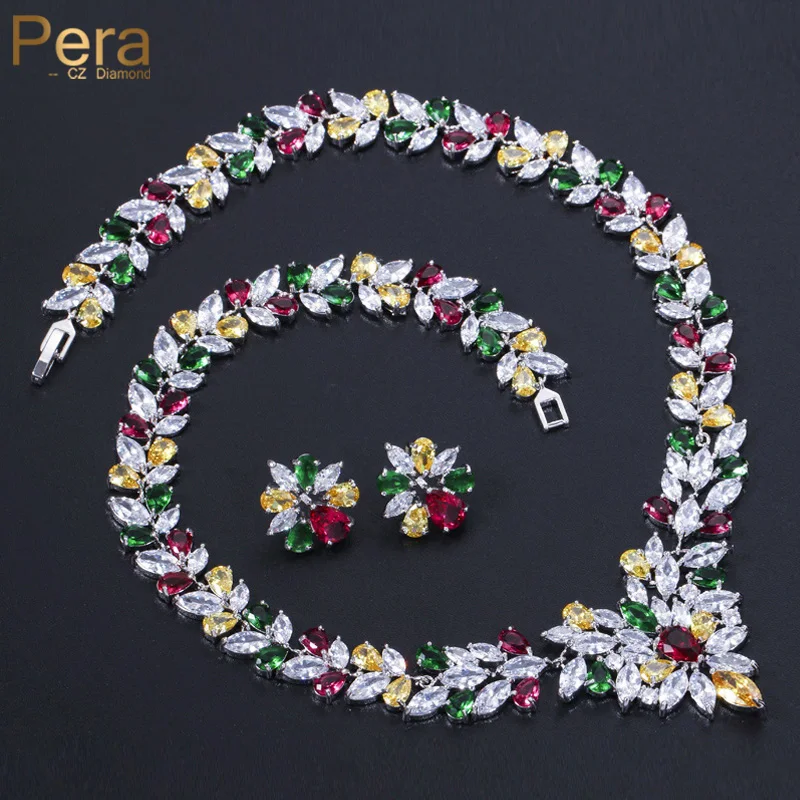 Pera Fashion Famous Brand Big Multicolor Cubic Zirconia Necklace and Earrings Jewelry Set for African Women Wedding Party J056