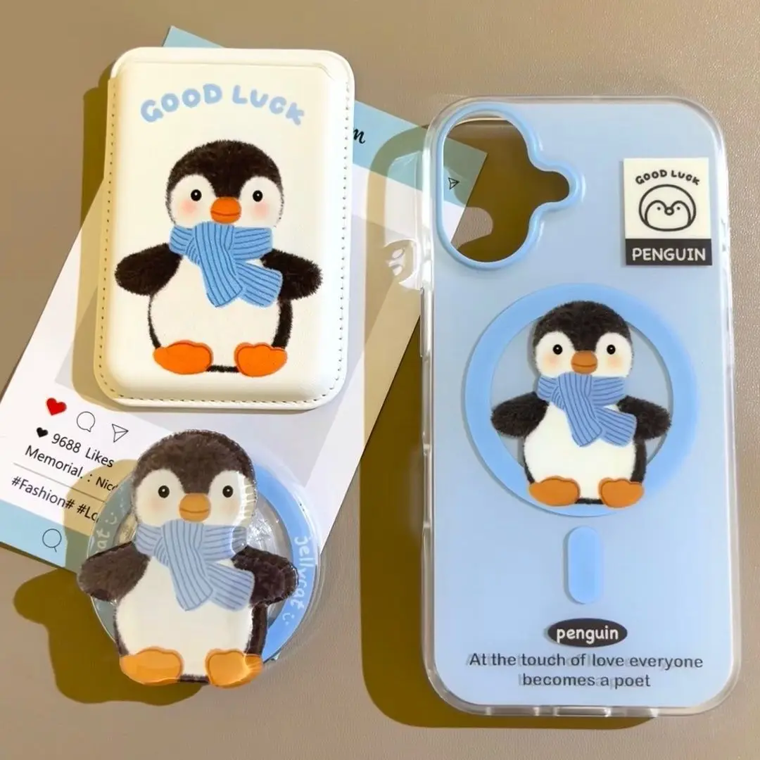 Cartoon Scarf Penguin for Magsafe Card for iPhone 16 15 13 14 Samsung Leather Card Cover ID Subway Access Card Slot Accessories