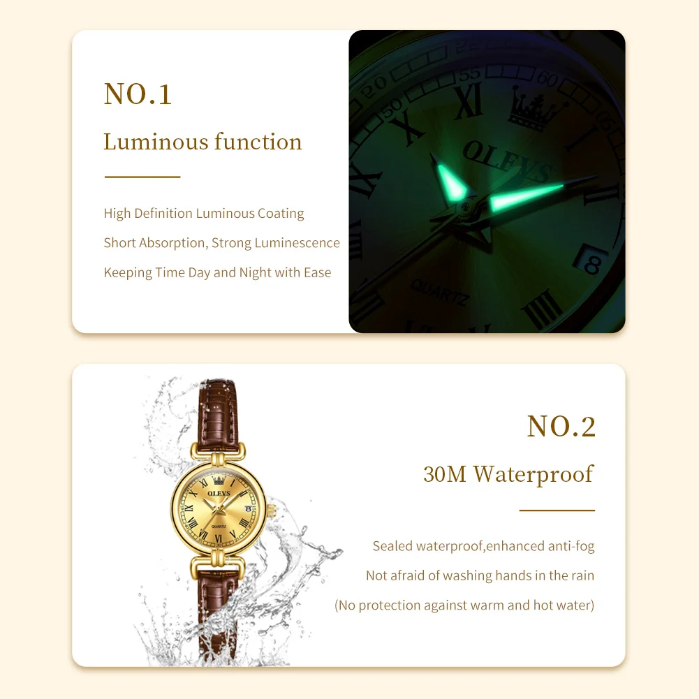 OLEVS 5645 Women Watch Quartz Movement Fashion Watch Gift Round-dial Leather Watchband Wristwatch Calendar Window Luminous Watch image 5