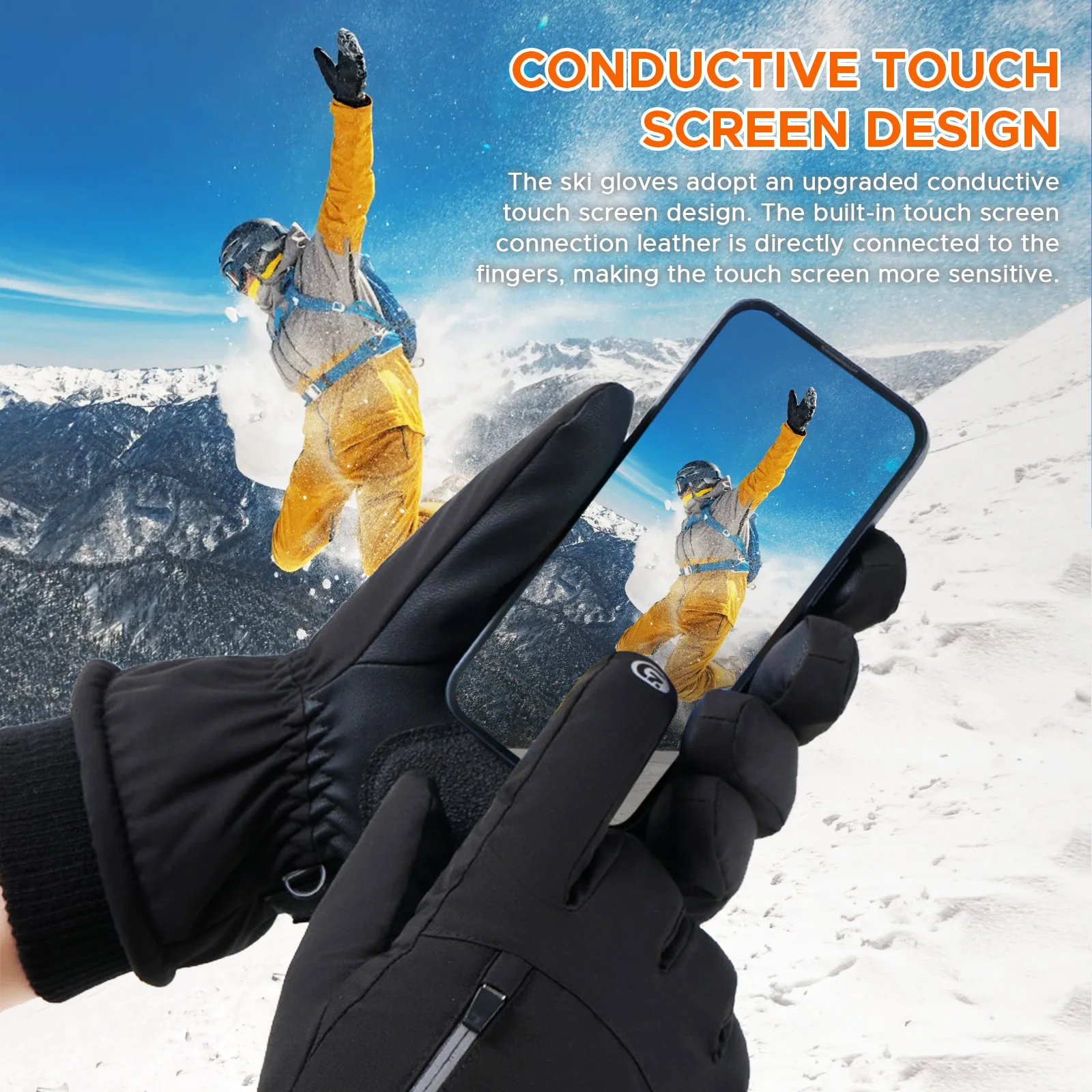 Guanti da sci invernali Guanti da snowboard touchscreen antiscivolo impermeabili caldi con tasca portaoggetti con cerniera per sport invernali all'aria aperta