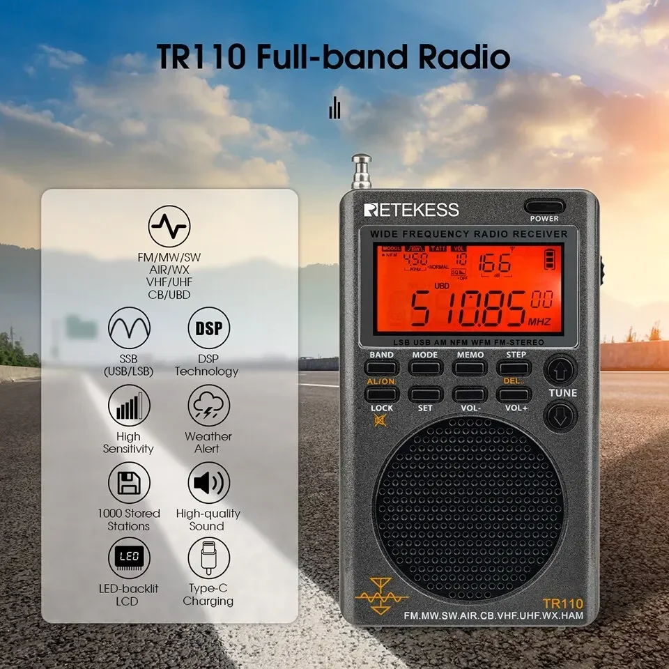 Retekess TR110 Portable SSB Shortwave Radio FM MW SW LSB AIR CB VHF UHF Full Band NOAA Alert Digital Radio Receiver for Outdoor