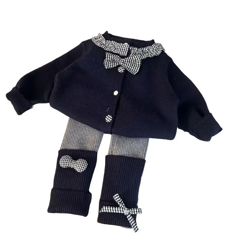 Sweet Princess Autumn Children's Clothing Set for Girls with Checked Patchwork Sweater Cardigan Bow And Leggings 5
