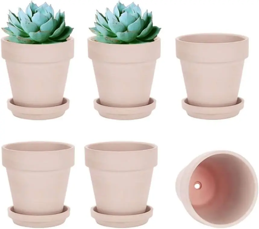 

Pink Terracotta & Clay Pots with Saucer - 6 Pack 5 Inch Terra Cotta Pot Ceramic Pottery Planter Cactus Flowerpots Draina