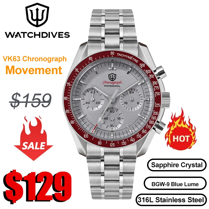 Watchdives New WD1863 Mechanical Quartz Wristwatch Multifunctional Chronograph VK63 Men Watch Bubble Sapphirewaterproof Reloj