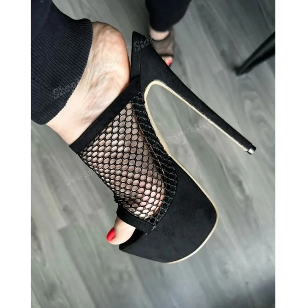 Black Suede Net Hollow Waterproof Slippers Peep Toe Stiletto High Heel Breathable Women Shoes 2024 Fashion Zapatos Para Mujere