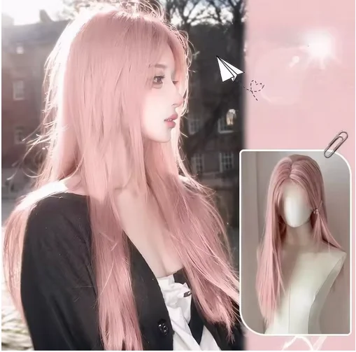 

Shimmer Pink Wig for Women Long Straight Wig Pink Headband Cosplay Wig 가발 Heat-resistant Headband Wigs
