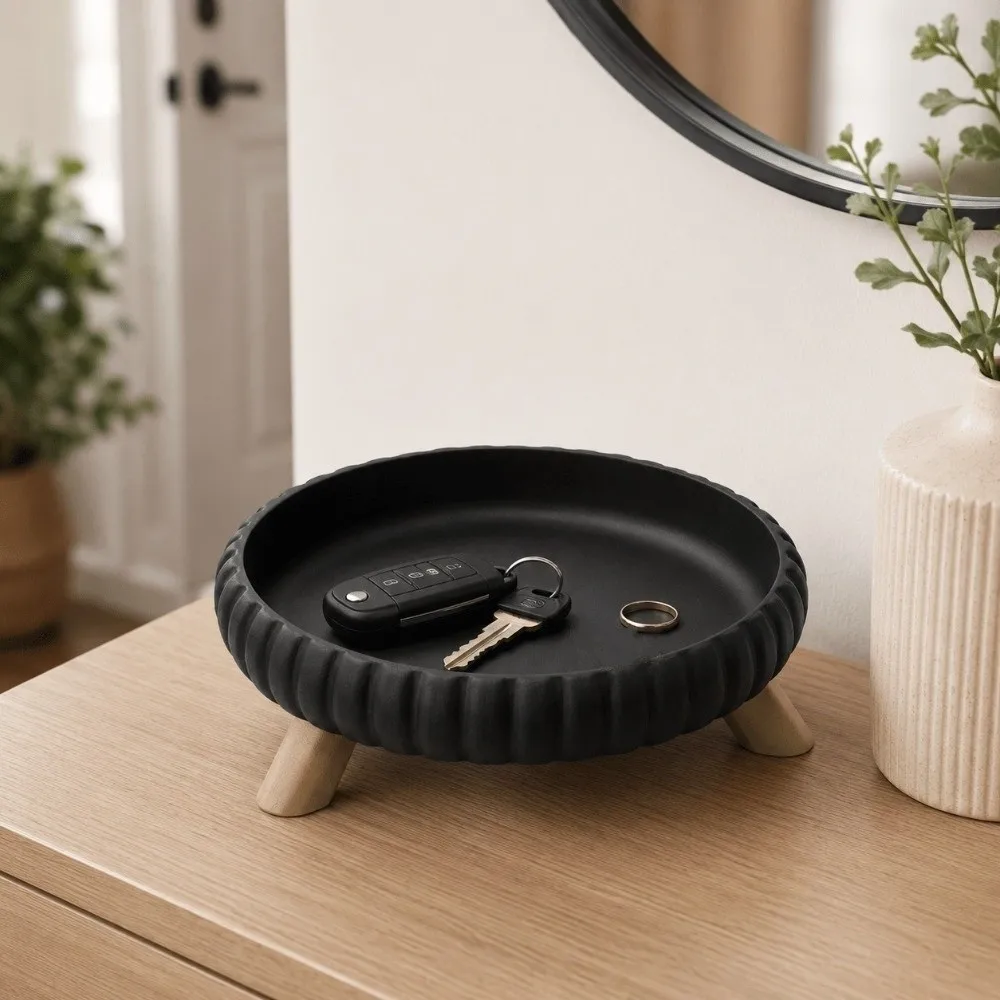 3D-Printed Three-Legged Storage Tray Round Artistic Key Trinket Jewelry Tray Rippled Minimalist Style Sundries Storage Dish