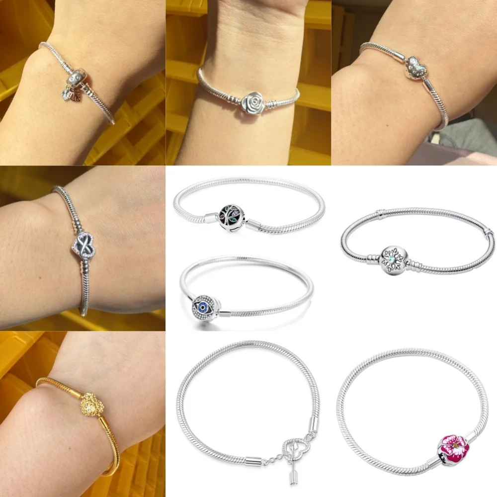 New 925 Silver Snake Chain Bracelet Rose Snowflake  Eye Heart Clasp Basic Bangle Fit DIY Charms Women Daily Fine Jewelry Gift