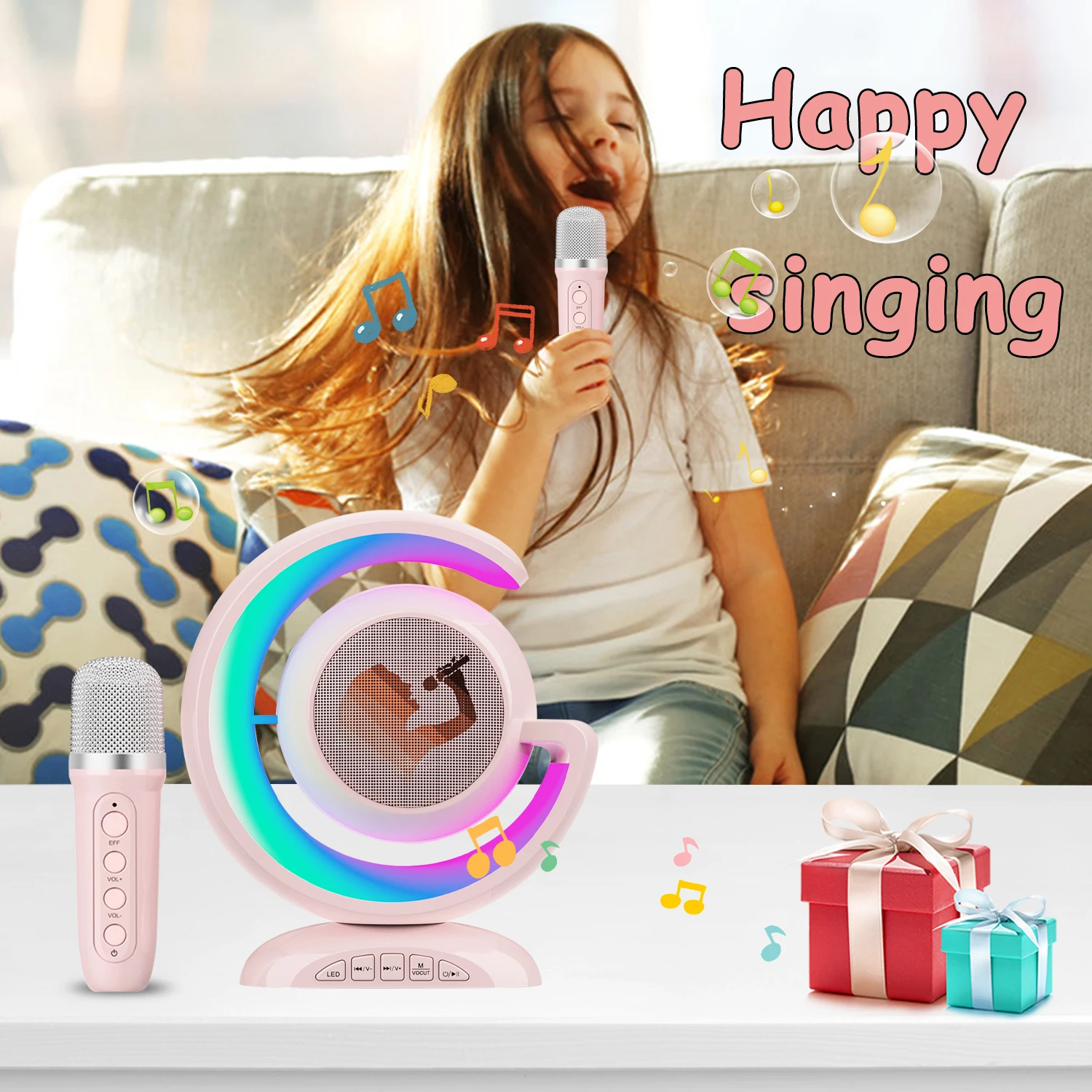 Microphone de karaoké Bluetooth sans fil pour enfants, 2 microphones sans fil, lumières LED, fête à la maison, cadeaux d'anniversaire pour enfants